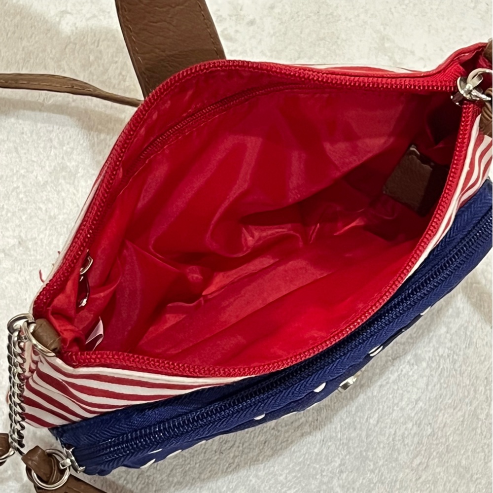 Patriotic American Flag Crossbody Bag Red White & Blue Stripes Polka Dot Purse - Picture 11 of 14